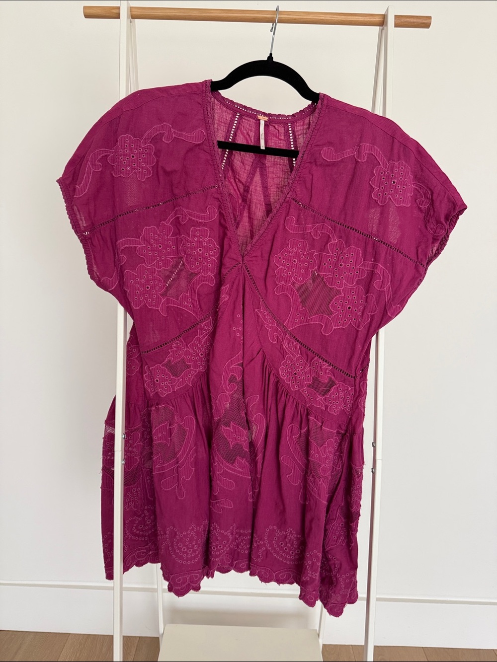 Free People Magenta Embroidered V-Neck Mini Dress